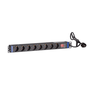 BasicLine, 8v Schuko spanningsslof, schakelaar, 19inch, 16A, 250VAC, 50-60HZ, zwart