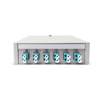 FO DIN Rail Box, lasklaar 6x LCD Turkoois OM3, 12 pigtails, ANT, 135x38x141mm, RAL7035