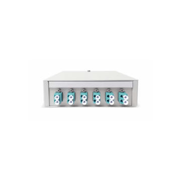 FO DIN Rail Box, lasklaar 6x LCQ Turkoois OM3, 24 pigtails, ANT, 135x38x141mm, RAL7035