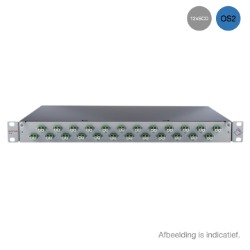 Prefab Lade, OV-S, 12xSCD, 24 Pigtails OS2,RAL7035, Front verticaal, Incl.ANT
