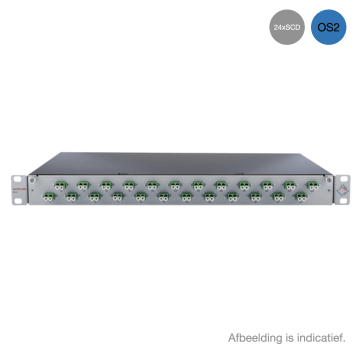 Prefab Lade, OV-S, 24xSCD, 48 Pigtails OS2,RAL7035, Front verticaal, Incl.ANT