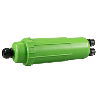 Glasvezel, Lasmof IP68, in/uit kabel 2xM20-1xM25, max 48v, L360xD101mm, Incl. 4xANT houder, groen