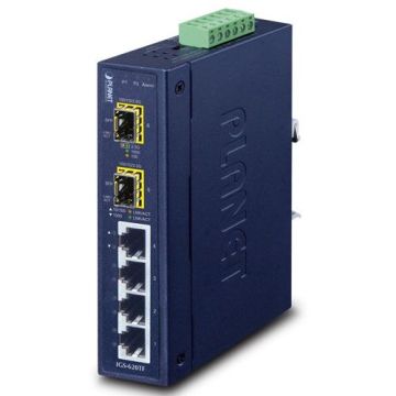 Industriele DIN Rail Switch, 4xRJ45 10/100/1000Base-T en 2xSFP 100/1000X, excl. SFP