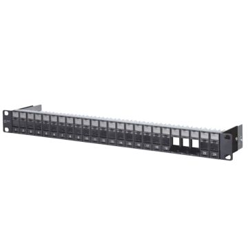 Patchpaneel, 24V, 1HE, LEEG tbv Module fit, Incl. aardkabel, zwart, NOG 5 BESCHIKBAAR