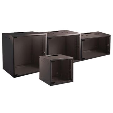 ProLine, Flatpack wandkast, zwart, 15HE, D600mm, rookglas deur+slot, IP20, borstel, 20 kooimoeren