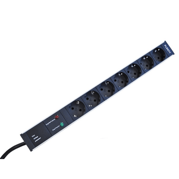 Ratio, Spanningsslof 7x Schuko+overspan. zwart, Aluminium, 19inch, 1x16A, snoer+stekker Schuko, 3m