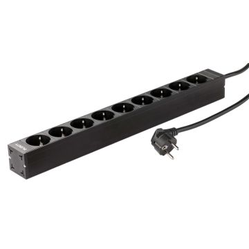 Ratio, Spanningsslof, 9x Schuko zwart, Aluminium zwart, 19inch, 1x16A, snoer+stekker Schuko, 3m