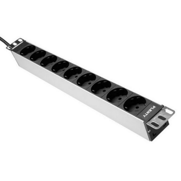 Ratio, Spanningsslof, 9x Schuko zwart, Aluminium, 19inch, 1x16A, snoer+stekker Schuko, 3m