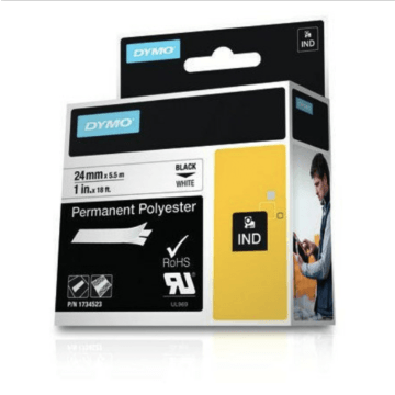 Rhino tape Permanent Polyester 24mm Wit (tekst zwart) tbv printer 4200/5200/6000