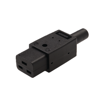Apparaatstekker C19, Female, kunststof zwart, contra, kabelinvoer recht.
