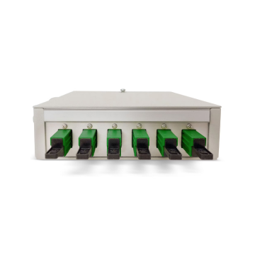 FO DIN Rail Box, lasklaar 12x E2000/APC Groen SM, 12 pigtails, ANT, 135x38x141mm, RAL7035