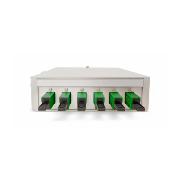 FO DIN Rail Box, lasklaar 6x E2000/APC Groen SM, 6 pigtails, ANT, 135x38x141mm, RAL7035