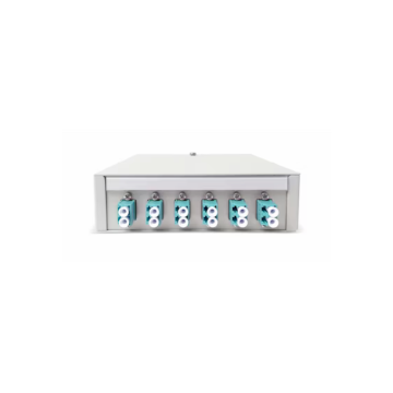 FO DIN Rail Box, lasklaar 6x LCD Blauw SM, 12 pigtails, ANT, 135x38x141mm, RAL7035
