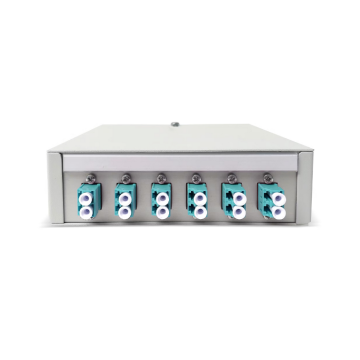 FO DIN Rail Box, lasklaar 6x LCD Turkoois OM3, 12 pigtails, ANT, 135x38x141mm, RAL7035