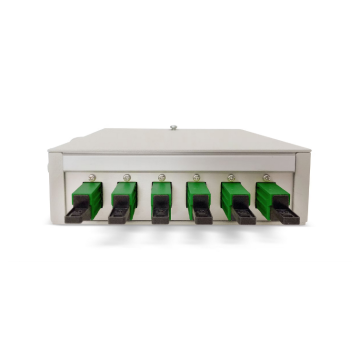 FO DIN Rail Box, lasklaar 6x SCD Blauw OS2, 12 pigtails, ANT, 135x38x141mm, RAL7035