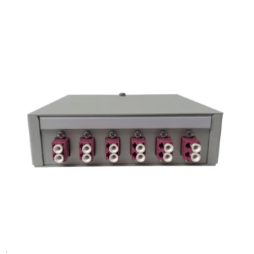 FO DIN Rail Box, lasklaar 6x LCD Violet OM4, 12 pigtails, ANT, 135x38x141mm, RAL7035