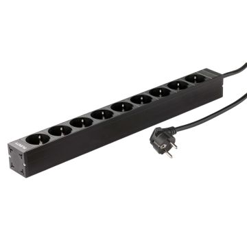 Ratio, Spanningsslof, 9x Schuko zwart, Aluminium zwart, 19inch, 1x16A, snoer+stekker Schuko, 3m