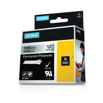 Rhino tape Permanent Polyester 19mm Metall. (tekst zwart) tbv printer 4200/5200/6000