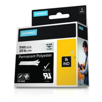 Rhino tape Permanent Polyester 9mm Transp.(tekst zwart) tbv printer 4200/5200/6000